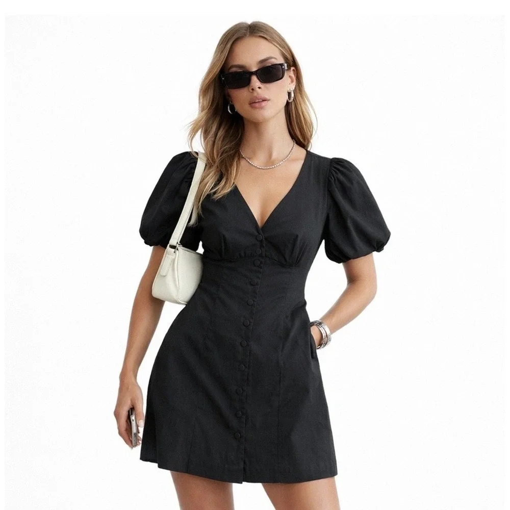 J.crew‎ black puff sleeve button front mini dress classic dark goth